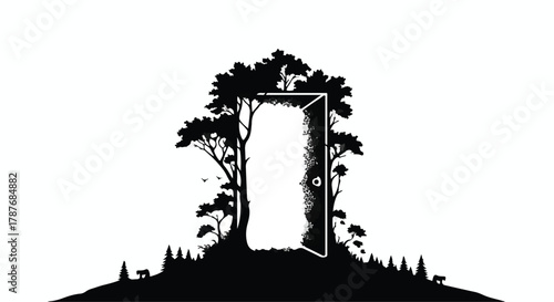 Mysterious open door reveals bright light amidst dark forest silhouette