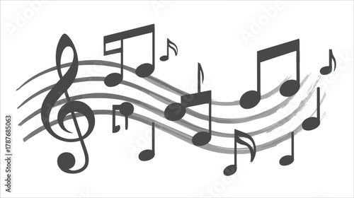 Musical notes, treble clef, and staff illustration. Flowing melody graphic symbolizing sound, harmony, and rhythm concept.