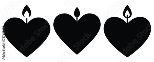 heart shaped candle silhouette Valentine icon set,Black color simple Vector icons