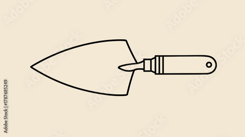 Line art gardening hand trowel icon. Simple black and white outline illustration of a garden tool for planting and digging.