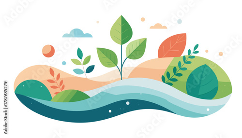 A vibrant illustration depicting a lush green plant growing from a landscape with rolling hills and flowing water, symbolizing nature and growth.