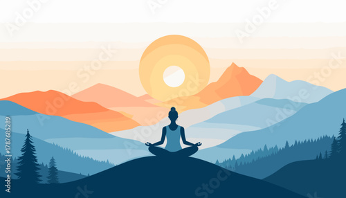 A serene silhouette of a person meditating peacefully on a hilltop overlooking a vast mountain range at sunrise.