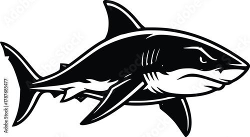 Jumping shark line art with water droplets, symbol of power and attack.