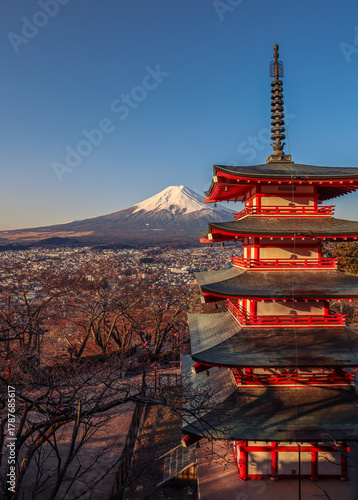 Stunning view of Chureito Pagoda at sunrise with Mount Fuji in the background,Yamanashi Prefecture, Japan.