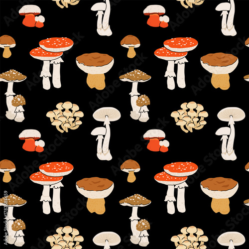 Seamless autumn mushroom patterns with fly agaric, porcini, and forest fungi in cozy hand drawn flat vector style, fall woodland seamless design for fabric, wrapping paper, kitchen decor