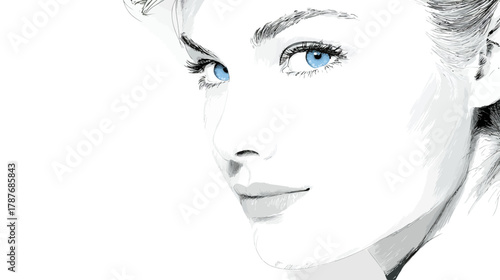 Minimalist sketch of a beautiful woman's face with captivating blue eyes and a thoughtful expression on a white background.