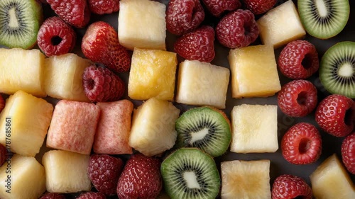 Fresh fruit salad pineapple cube strawberry raspberry kiwi slices vibrant colorful assortment