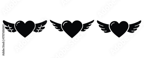 heart with wings silhouette Valentine icon set,Black color simple Vector icons