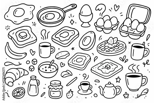 Hand-drawn doodle vector set of breakfast food items — eggs, toast, and coffee, created in a sketchy handdrawn doodle style, isolated on white background
