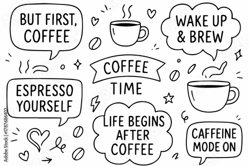 Hand-drawn doodle vector collection of café quote bubbles, designed in a playful, sketchy doodle style, isolated on white background
