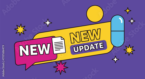 A graphic with new update text and a capsule on a purple background editable vector file