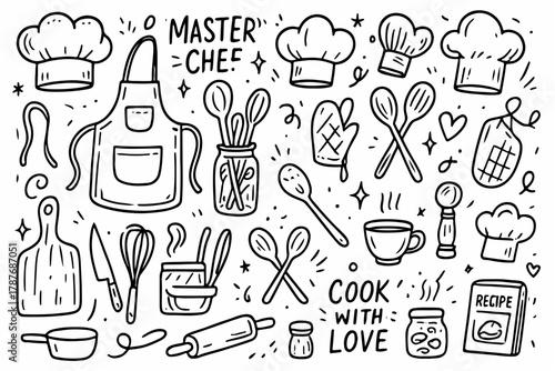 Hand-drawn doodle vector collection of chef hats, aprons, and cooking tools, created in a fun, playful, sketchy doodle style, isolated on white background
