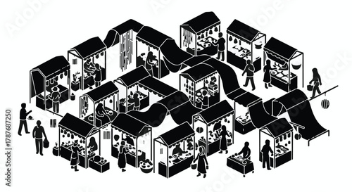 Bustling outdoor market scene with diverse stalls and shoppers, a vibrant community gathering.