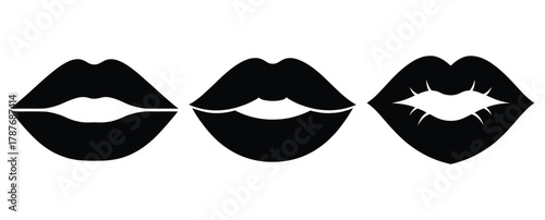 love kiss lips silhouette Valentine icon set,Black color simple Vector icons