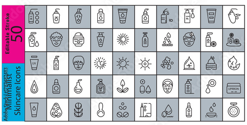 Minimalist skincare icons collection cosmetic products and beauty treatments outlined