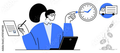 Professional reviewing document, tracking time, overseeing delivery truck, and monitoring falling coins. Ideal for time management, efficiency, decision-making, logistics, finance productivity