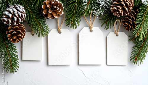 Blank gift tags surrounded by pine cones and greenery