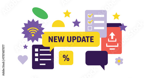 Colorful graphic with new update text and various icons around editable vector file