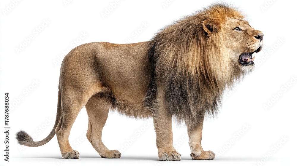 Obraz premium Majestic male lion stands proudly, roaring with its mouth open.