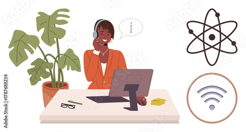Customer service agent providing help at desktop computer, information speech bubble, science, and wireless icons. Ideal for communication, technology, customer care, remote work, technical support