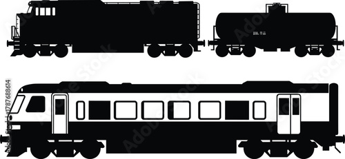 Train car silhouette, diesel locomotive, tank car, passenger coach, black illustration, railway transport, cargo, travel, infrastructure,