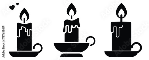 romantic candlelight silhouette Valentine icon set,Black color simple Vector icons