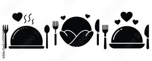 romantic dinner silhouette Valentine icon set,Black color simple Vector icons