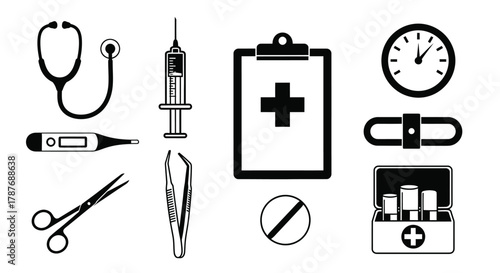 Black and white medical icons including stethoscope and syringe editable vector file