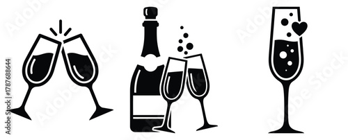 romantic champagne silhouette Valentine icon set,Black color simple Vector icons