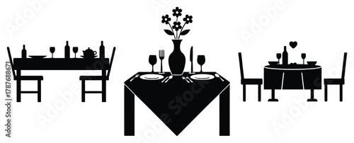 romantic dinner table silhouette Valentine icon set,Black color simple Vector icons