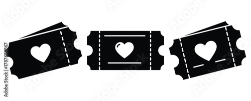 romantic movie ticket silhouette Valentine icon set,Black color simple Vector icons