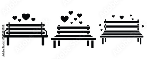romantic park bench silhouette Valentine icon set,Black color simple Vector icons