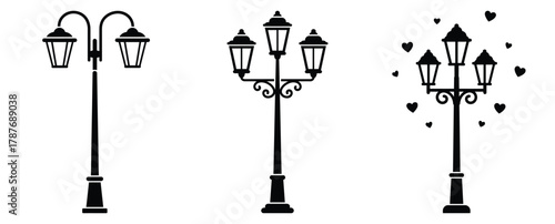 romantic street lamp silhouette Valentine icon set,Black color simple Vector icons