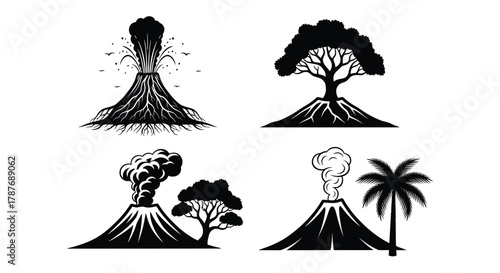 Illustrations of volcanoes and trees in black and white style editable vector file