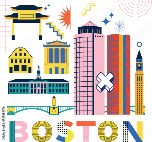 Typography word Boston branding technology concept. Collection of flat vector web icons. American culture travel set, Memphis architectures, specialties detailed silhouette. Doodle famous landmarks.