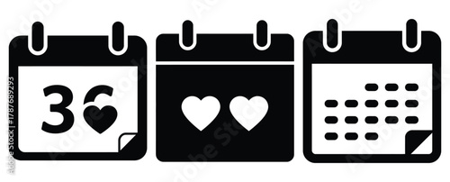 valentine calendar date silhouette Valentine icon set,Black color simple Vector icons