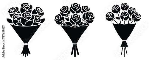 bouquet of roses silhouette Valentine icon set,Black color simple Vector icons