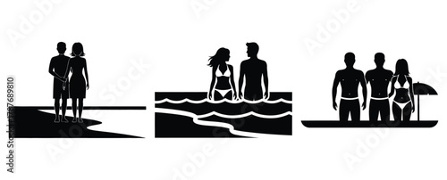 couple at beach silhouette Valentine icon set,Black color simple Vector icons