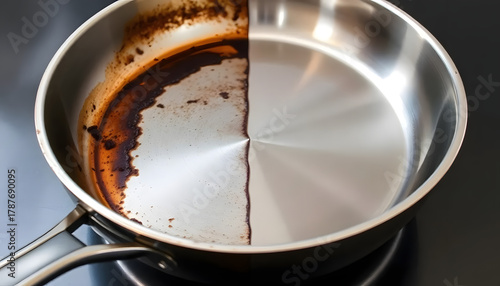 Comparison of a clean and dirty stainless steel frying pan