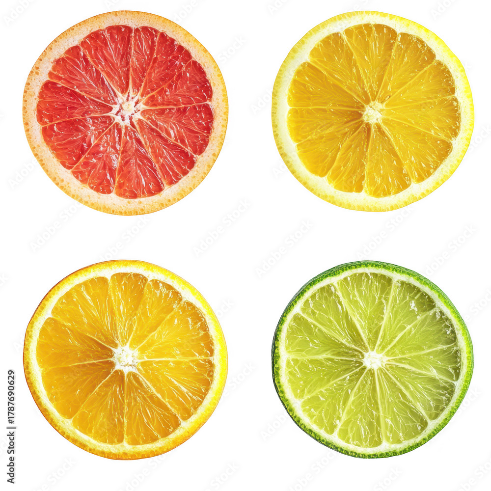 Obraz premium A display of citrus fruit slices including grapefruit. orange. lemon. and lime arranged artistically on a clean white background. ideal for food photography and healthy lifestyle imagery