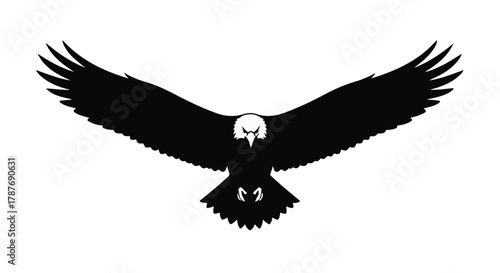 Majestic eagle silhouette in full flight, wings spread wide against a bright background.