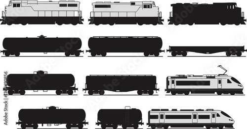 Train car silhouettes, diesel locomotive, tanker wagon, flatbed railcar, passenger train, electric coach, railway transport icons, cargo vehicle illustration