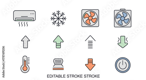 Climate control and temperature regulation icons set with editable stroke.