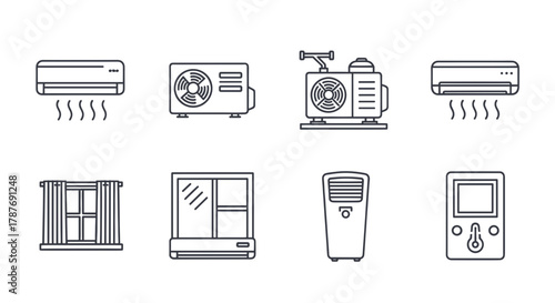 Line art icons depicting various air conditioning systems, including split units, window ACs, remote controls, and thermostats for climate control.