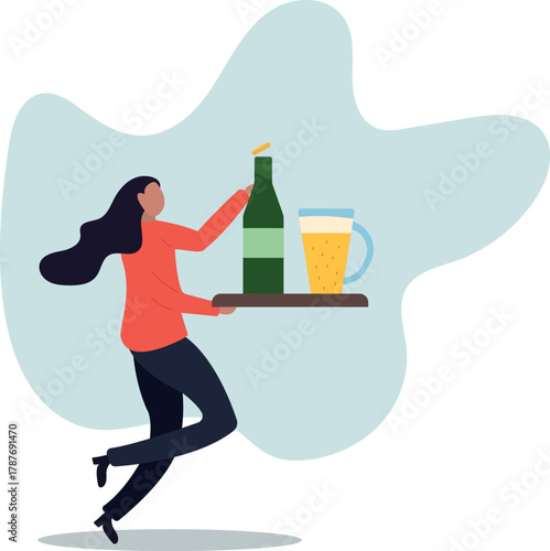 A waitress carries a tray with beer. Bar and cafe concept.