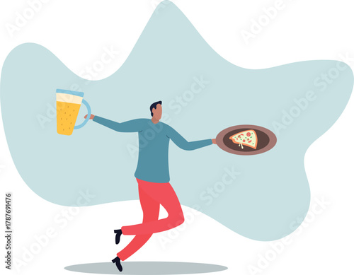 a slice of pizza on a wooden board and a glass of beer.