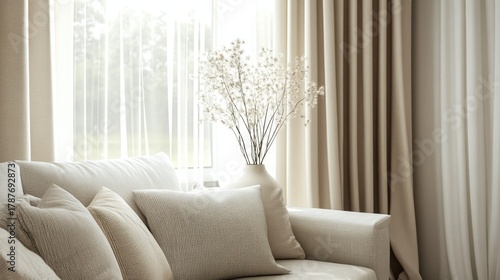 Beautifully arranged curtains in neutral tones decorating a bright window, enhancing the elegance of modern home decor