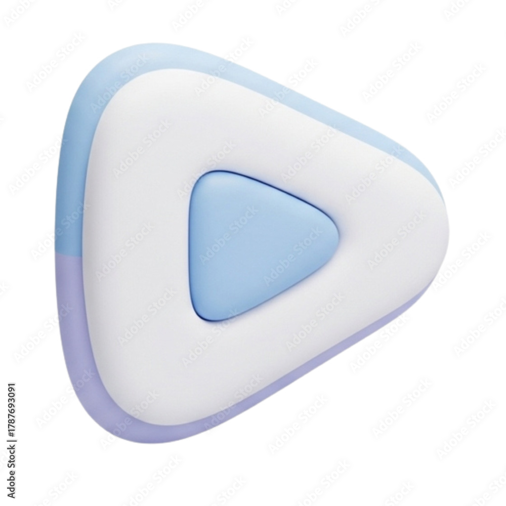 Obraz premium Abstract 3D play button icon with smooth rounded edges in soothing pastel blue and lavender colors, ideal for modern digital media interfaces and sleek user experience designs