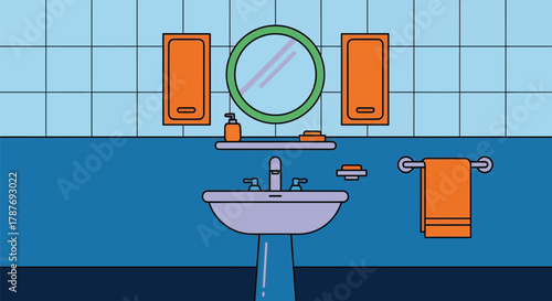 Bathroom interior design with sink mirror and cabinets illustration