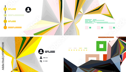 Abstract geometric designs dominate image. Colorful polygons intersect, creating dynamic visual patterns. Icons suggest user interface elements.